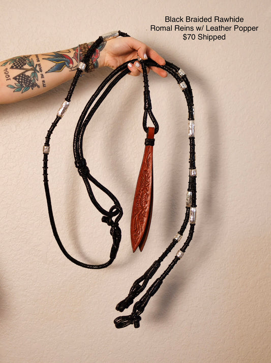 Black Braided Rawhide Romal Reins