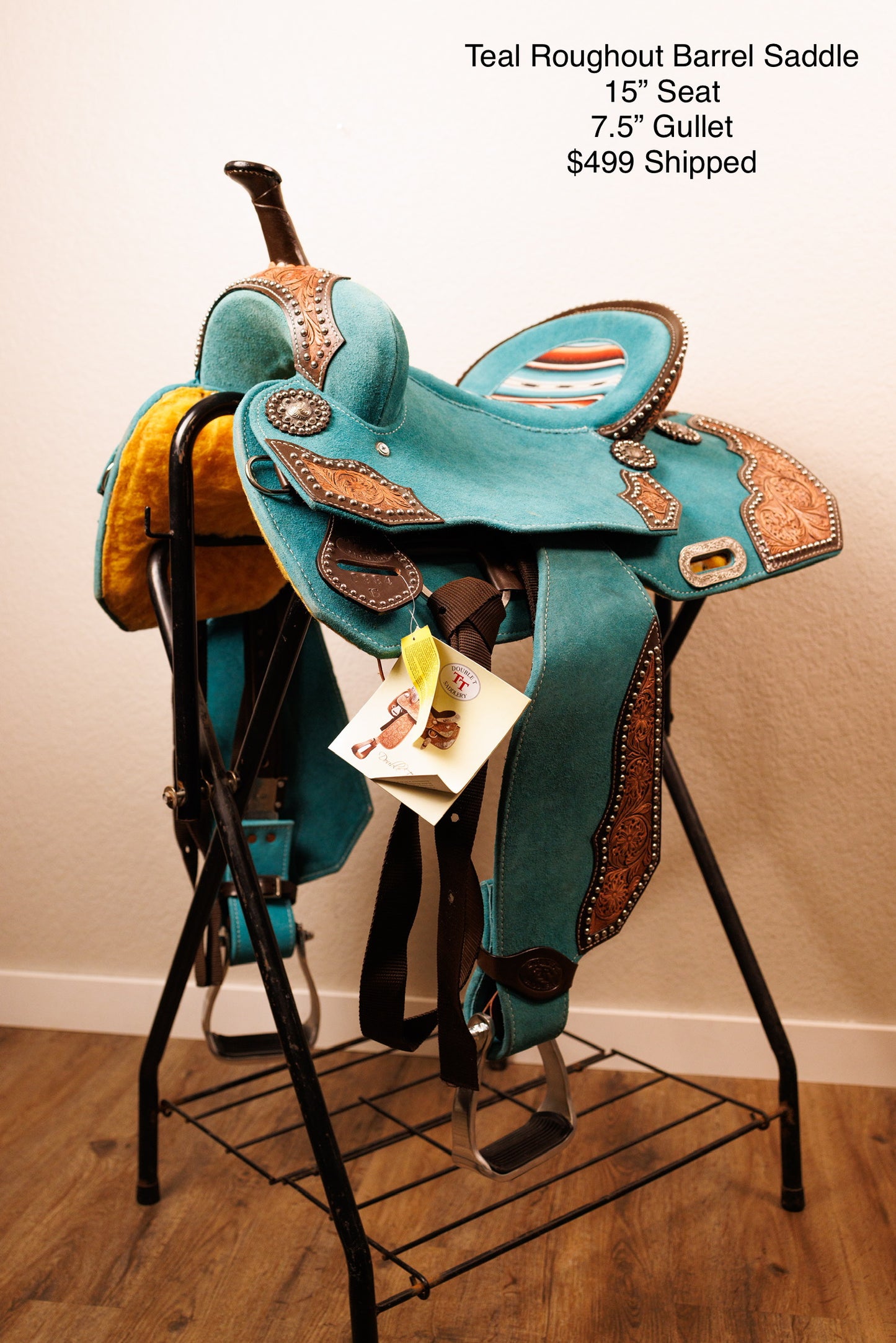 15” Double T Teal Aztec Barrel Saddle